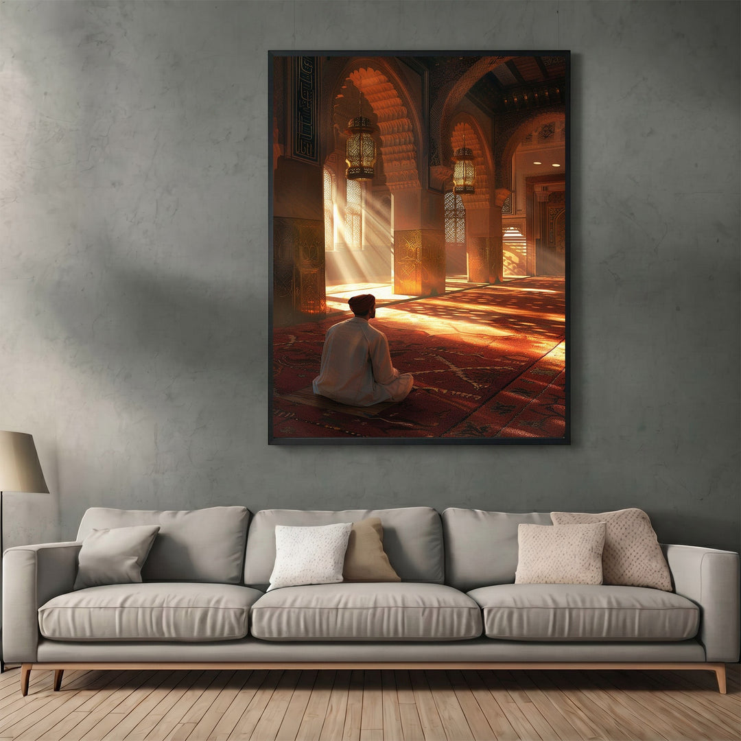 Wadi Home framed wall art print featuring a person praying in a sunlit architectural space above a grey sofa.