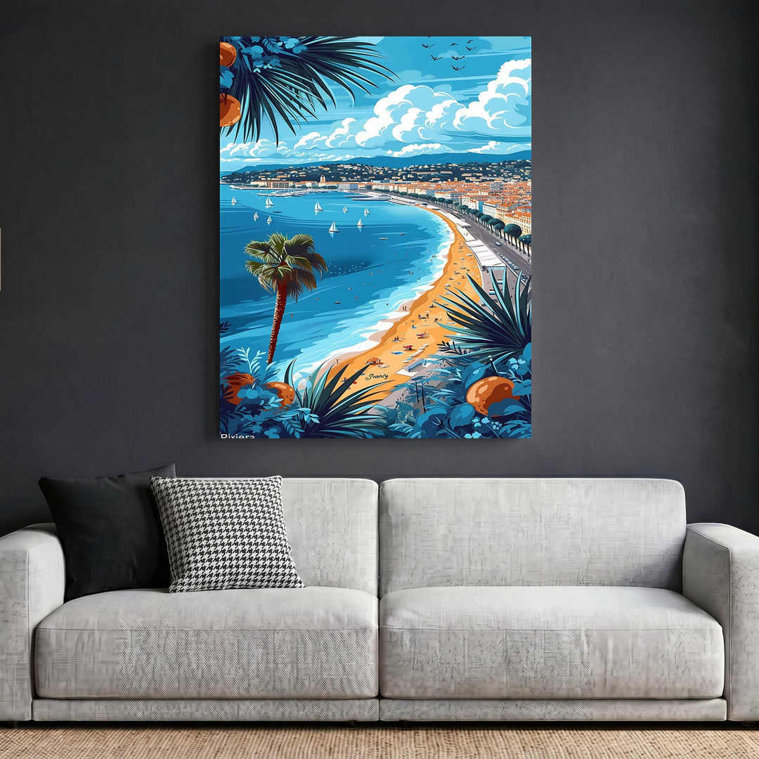 Wadi Home wall art print featuring a vibrant French Riviera coastal landscape with palm trees and a blue beach scene.