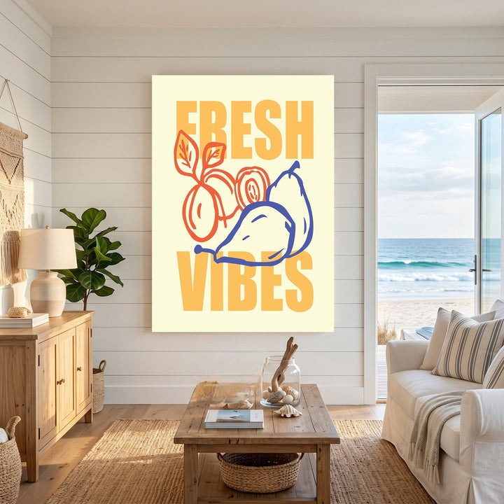 Wadi Home Fresh Vibes wall art print with stylized fruit illustrations in yellow, orange, and blue in a coastal room.