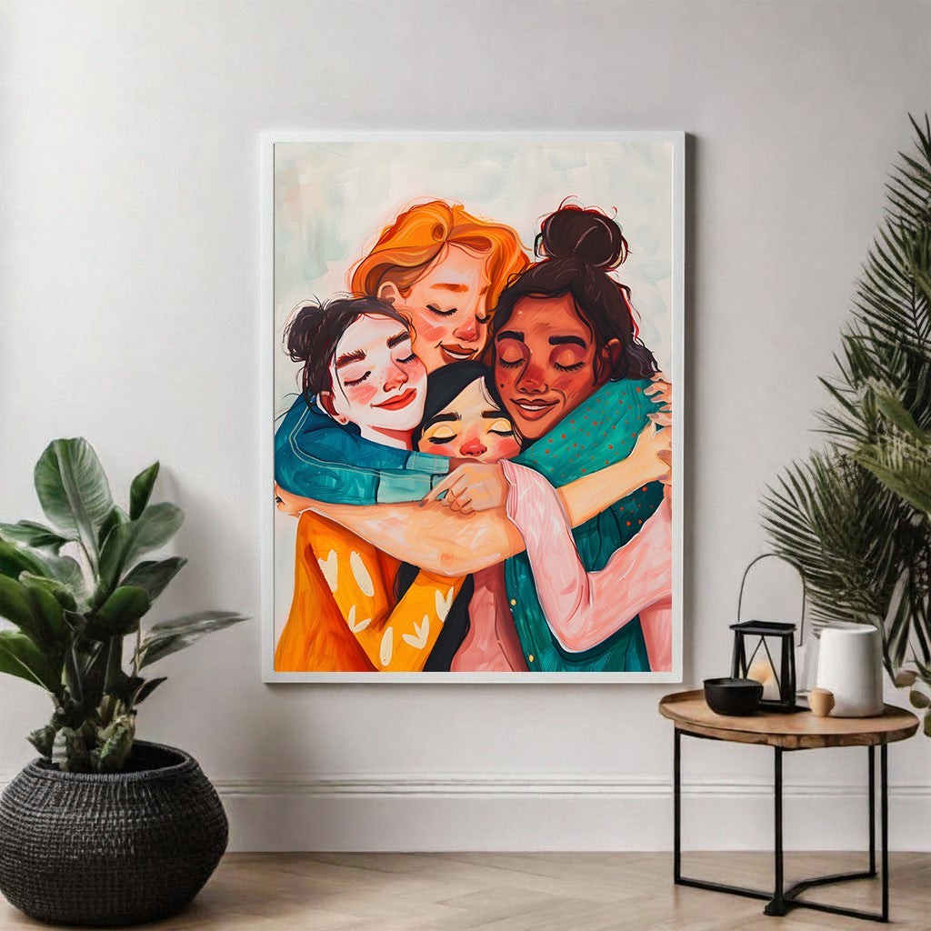 Wadi Home Embrace Of Friendship wall art, diverse women in warm colors sharing a tender embrace, painterly style.