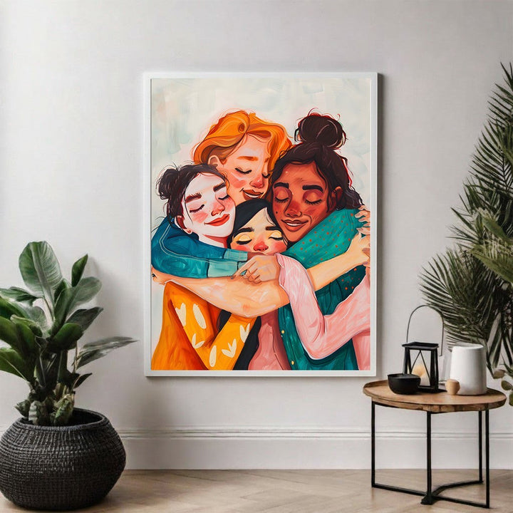 Wadi Home Embrace Of Friendship wall art, diverse women in warm colors sharing a tender embrace, painterly style.