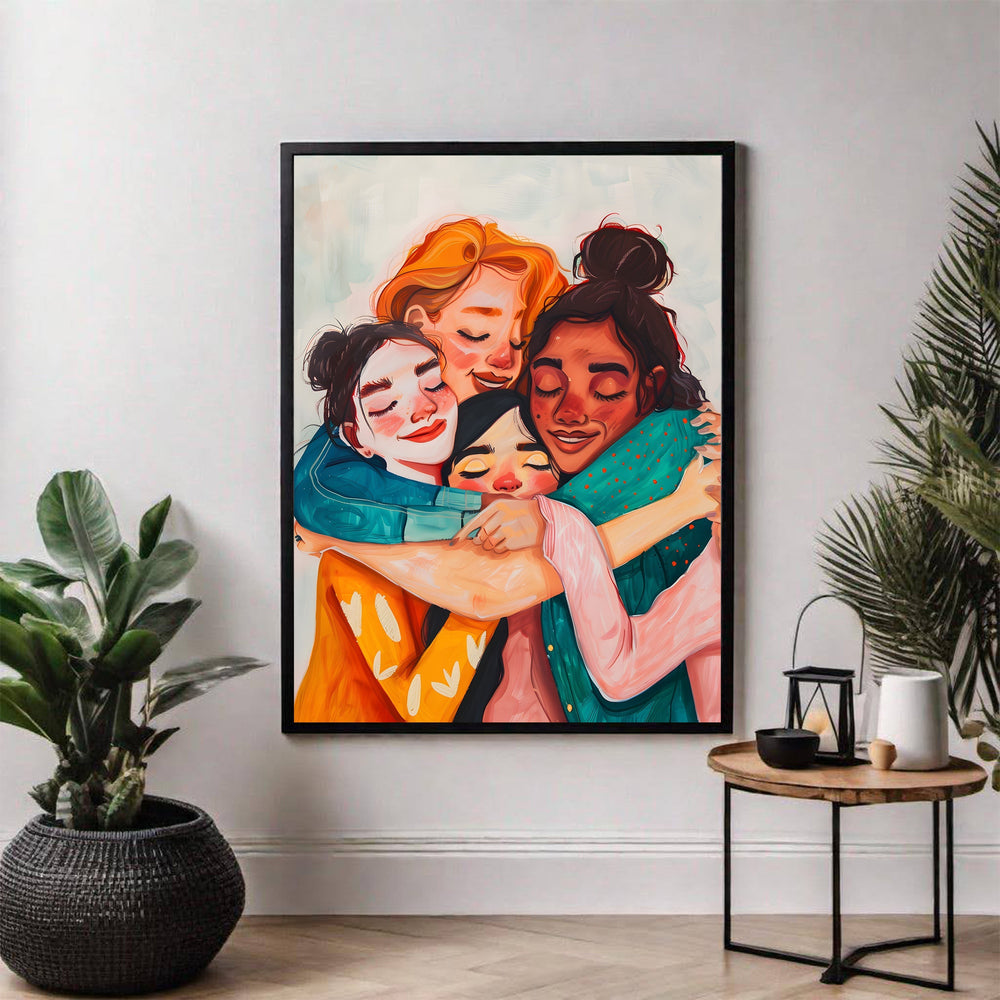 Wadi Home Embrace Of Friendship wall art, diverse women in warm, painterly style hugging, vibrant colours.