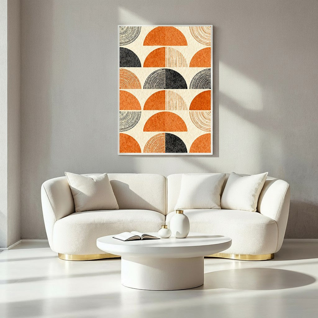 Wadi Home abstract wall art with orange, charcoal grey, and cream semicircles in a geometric pattern.