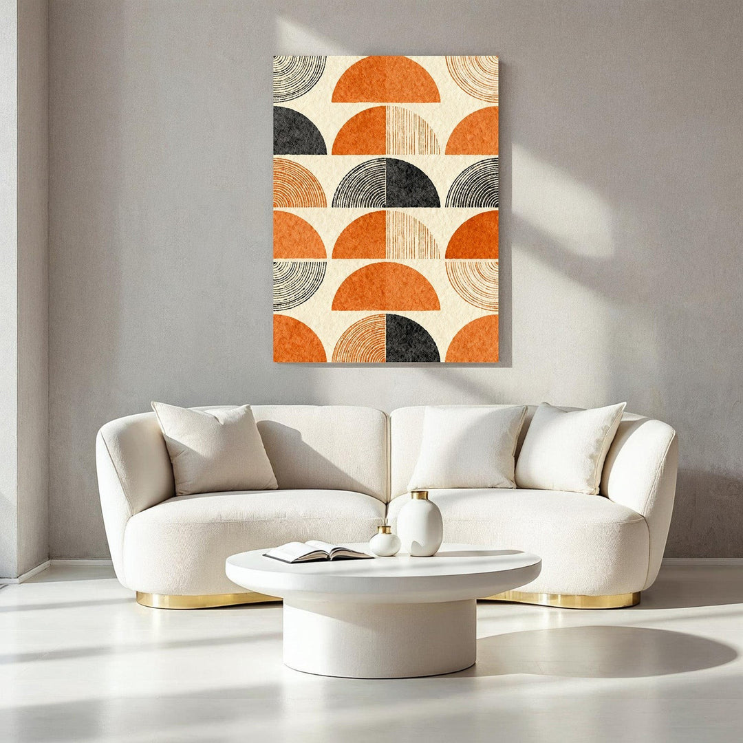 Wadi Home abstract wall art with semicircles in orange, charcoal grey, and cream. Textured modern design.