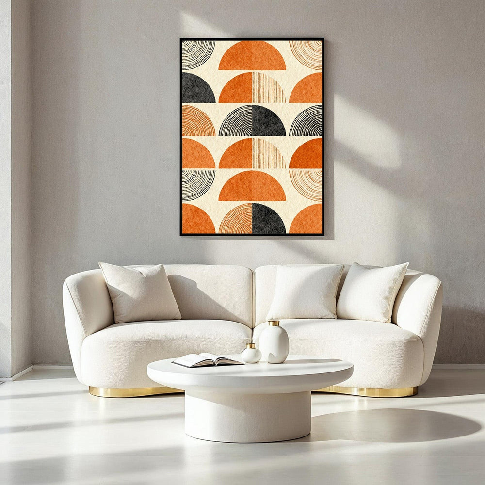 Wadi Home abstract wall art with geometric semicircles in orange, charcoal grey, and cream. Textured design.