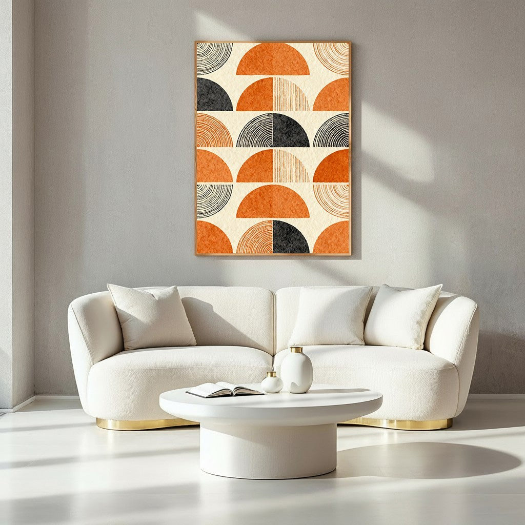 Wadi Home geometric abstract wall art with orange, charcoal grey, and cream semicircles. Textured modern design.