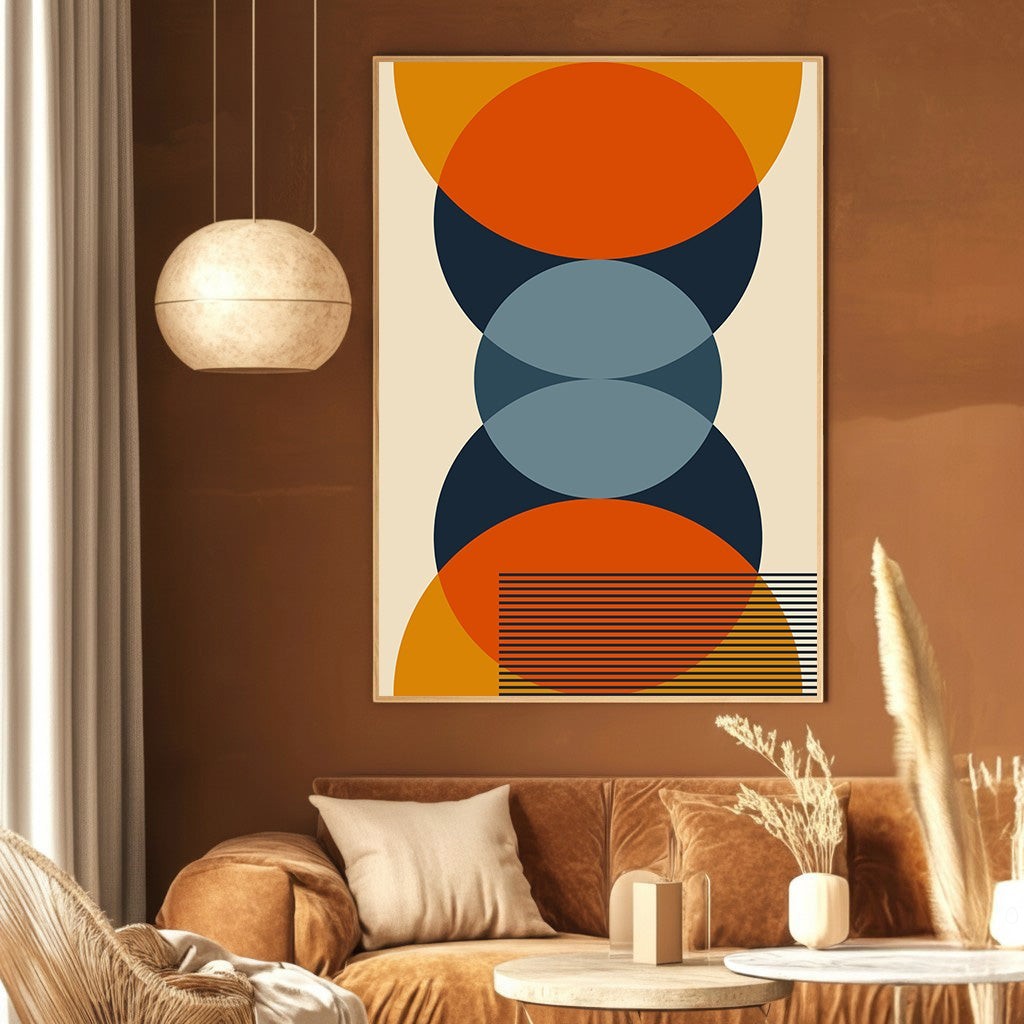 Wadi Home mid-century modern geometric wall art print with orange, navy, and slate blue circles on a cream background.