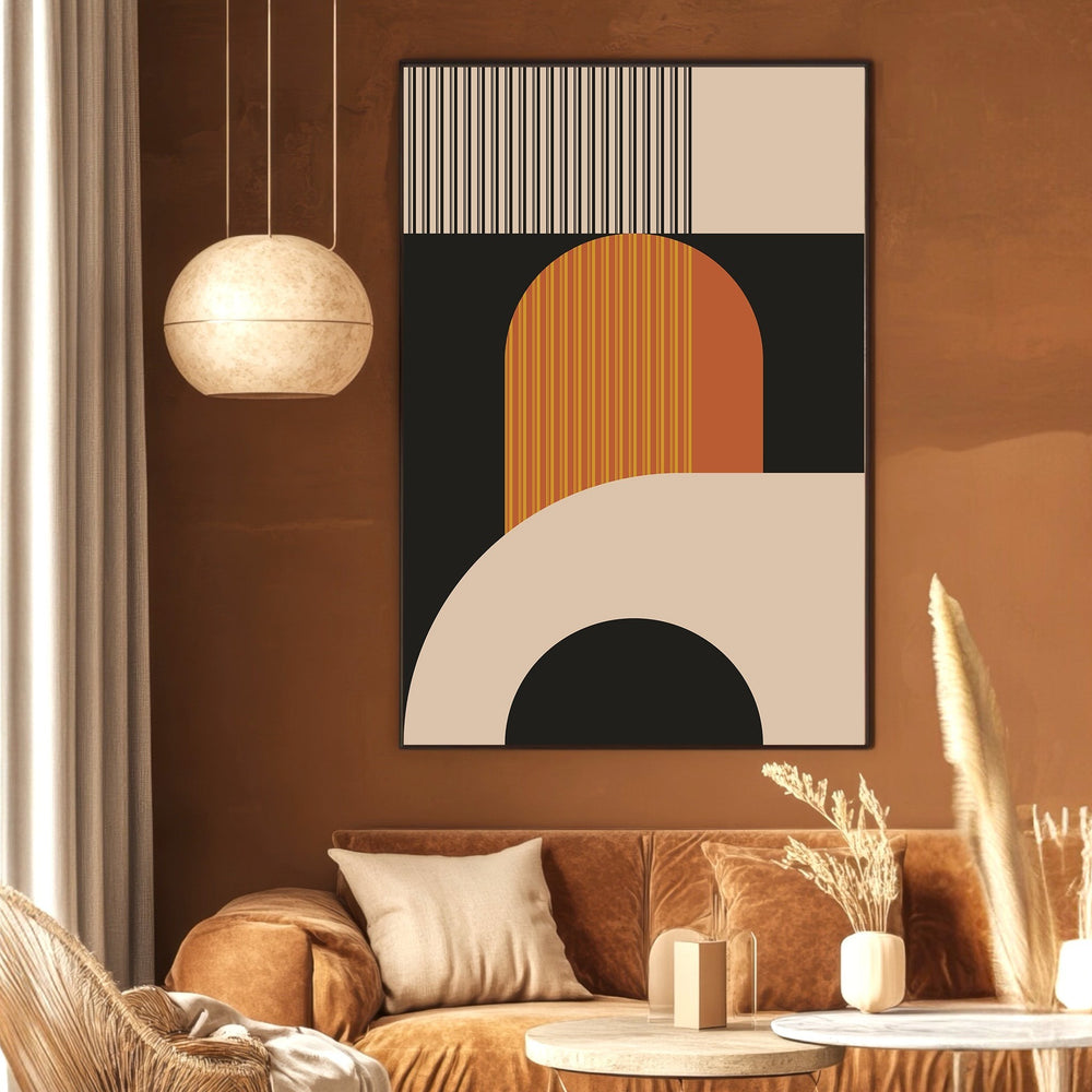 Wadi Home modern geometric abstract wall art print with black, cream, and burnt orange shapes in a cozy living room.