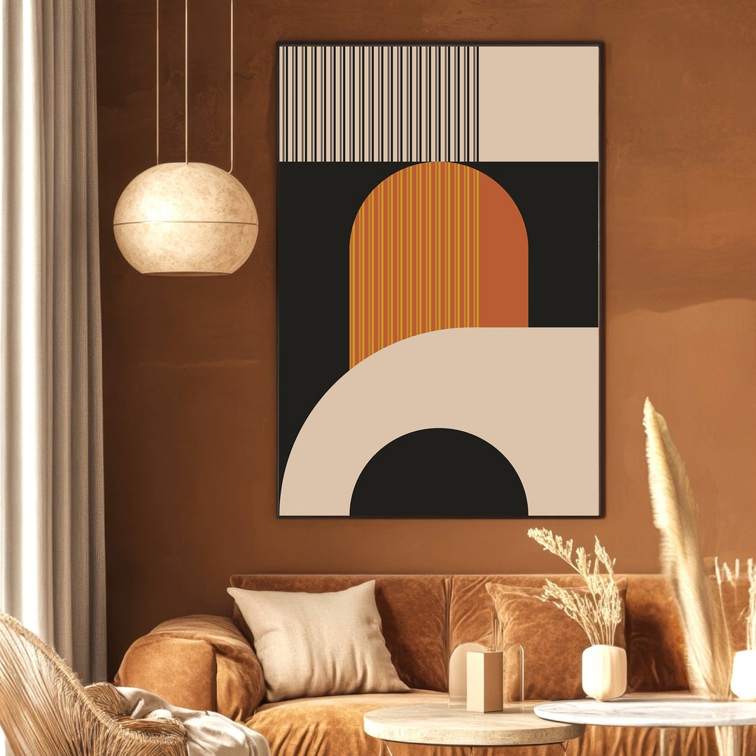 Wadi Home modern geometric abstract wall art print with black, cream, and burnt orange shapes in a cozy living room.