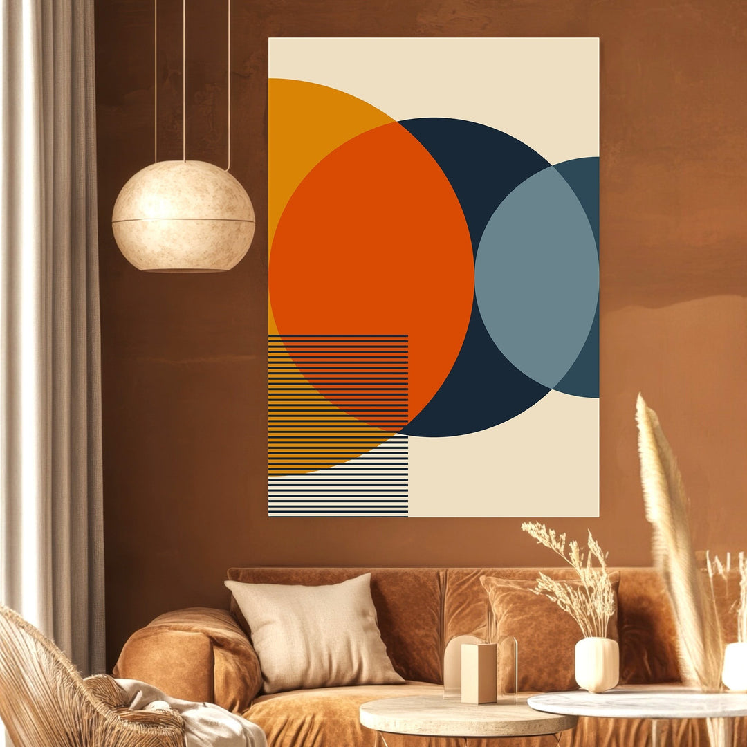 Wadi Home modern geometric abstract wall art print with navy, orange, and slate blue circles in a living room