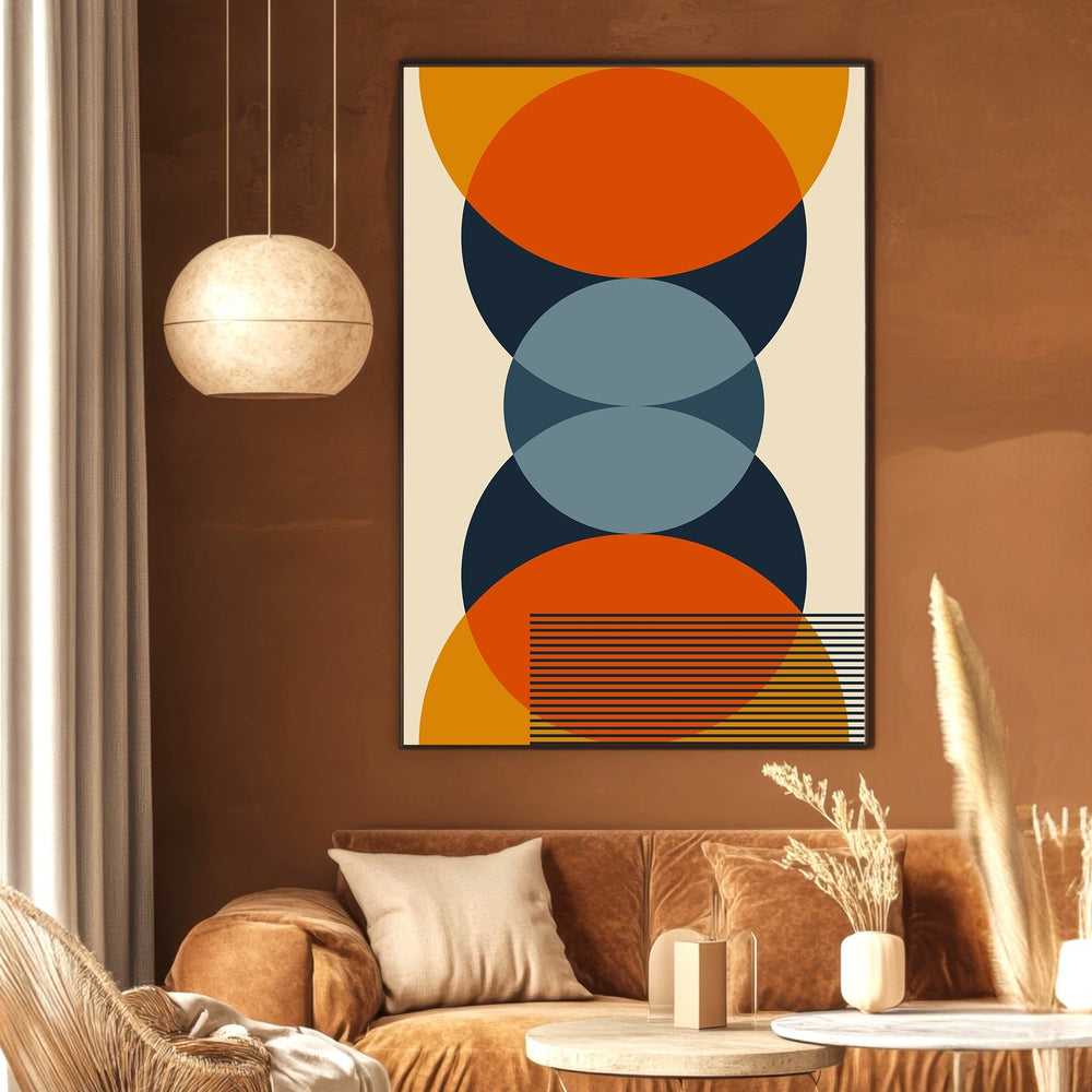 Wadi Home mid-century modern geometric wall art print with orange, navy, and slate blue circles on a cream background.