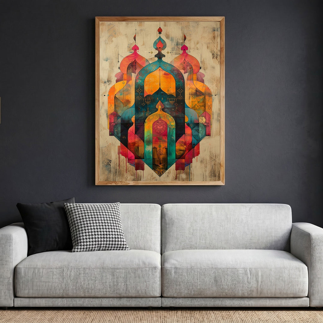 Wadi Home abstract geometric archway framed wall art with sunset orange, teal, and magenta tones on a grey living room wall