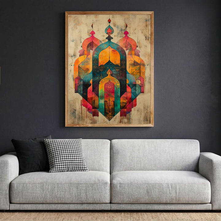 Wadi Home abstract geometric archway framed wall art with sunset orange, teal, and magenta tones on a grey living room wall