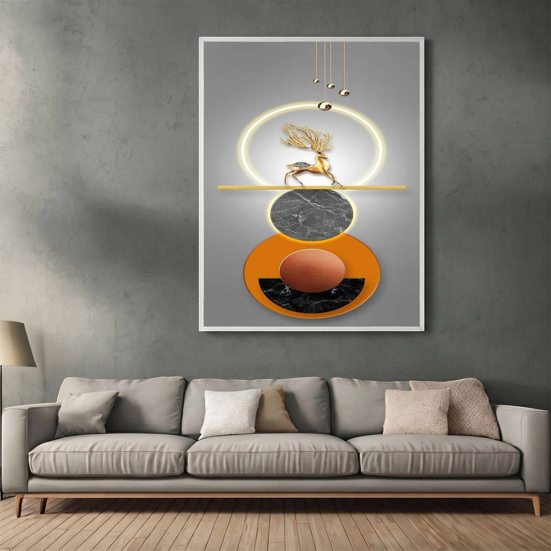 Wadi Home abstract geometric deer wall art featuring a golden deer silhouette with marble and orange accents on grey.