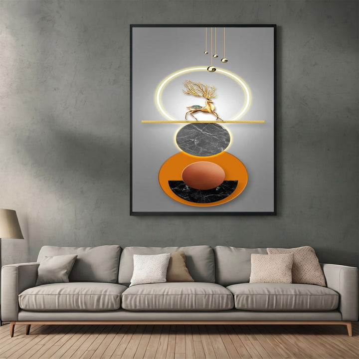 Wadi Home abstract geometric deer wall art with gold silhouette, marble spheres, and orange accents in a modern room.