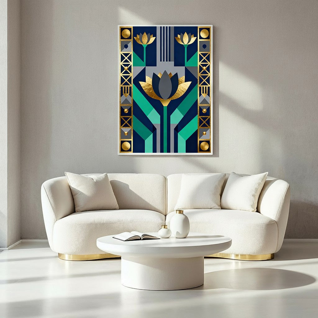 Wadi Home Geometric Floral Art Print with deep blues, emerald greens, and gold accents. Modern wall art.