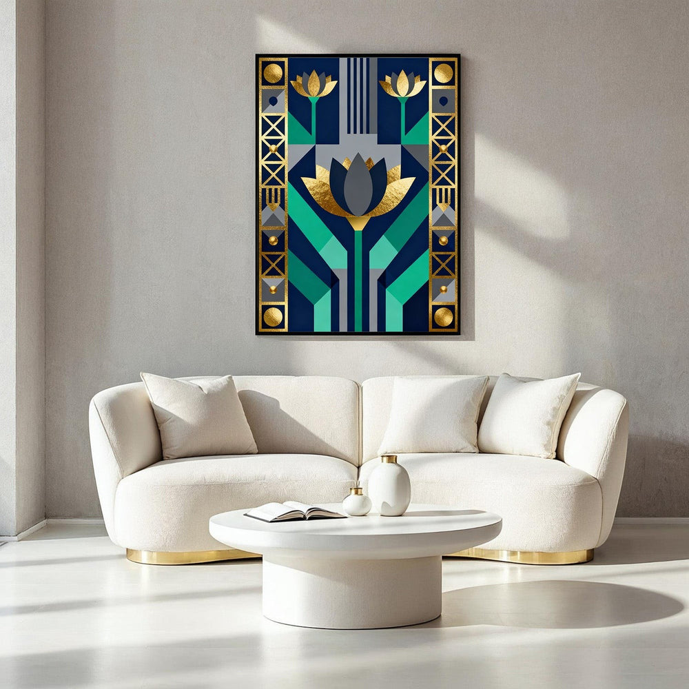 Wadi Home Geometric Floral Art Print featuring deep blues, emerald greens, and gold accents. Modern wall art for living rooms.