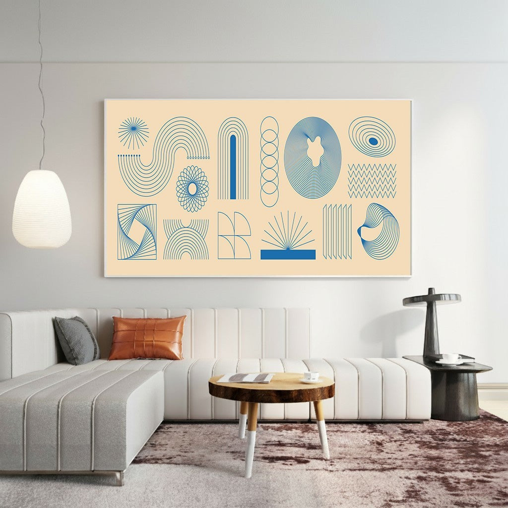 Wadi Home abstract geometric line art print with blue motifs on a cream background displayed in a modern living room.