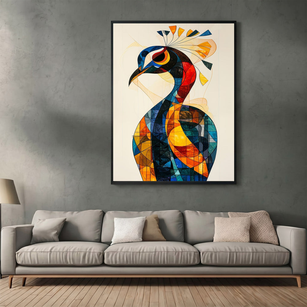Wadi Home abstract geometric peacock wall art print with blue, orange, and yellow tones hanging above a grey sofa.