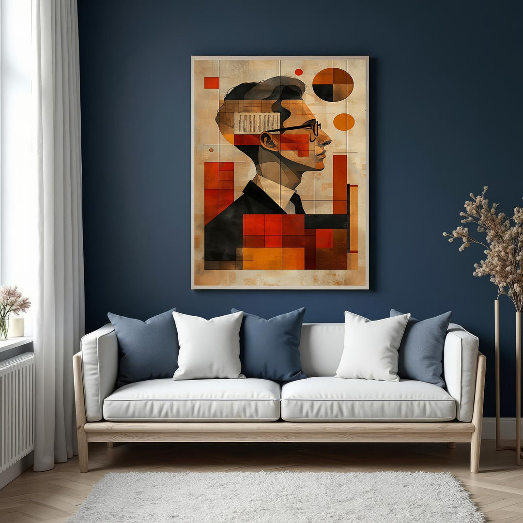 Wadi Home abstract geometric portrait wall art in warm earthy tones with squares and circles.