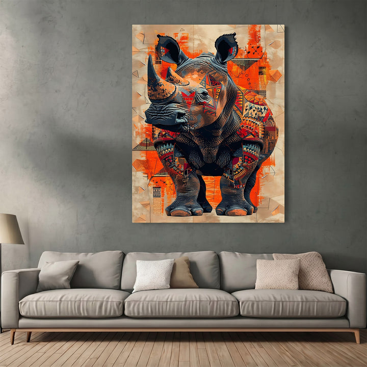 Wadi Home abstract geometric rhino wall art print featuring vibrant orange and earth tones above a modern grey sofa.