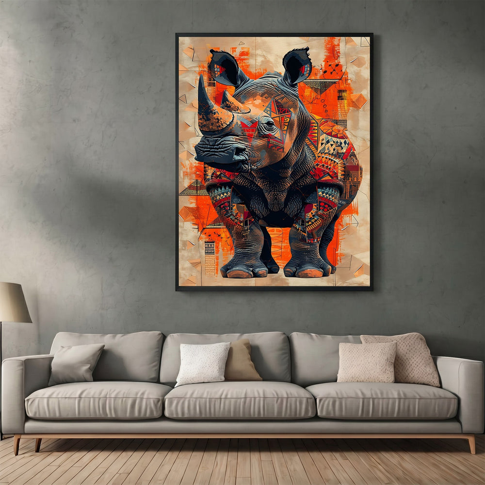 Wadi Home abstract geometric rhino wall art print in orange and earth tones hanging above a modern grey sofa.
