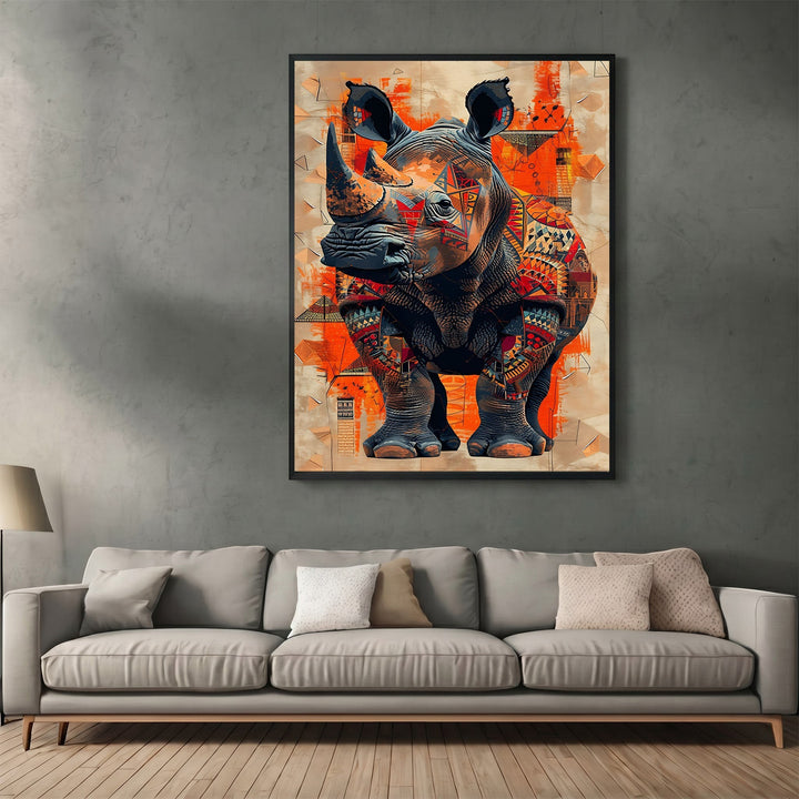 Wadi Home abstract geometric rhino wall art print in orange and earth tones hanging above a modern grey sofa.