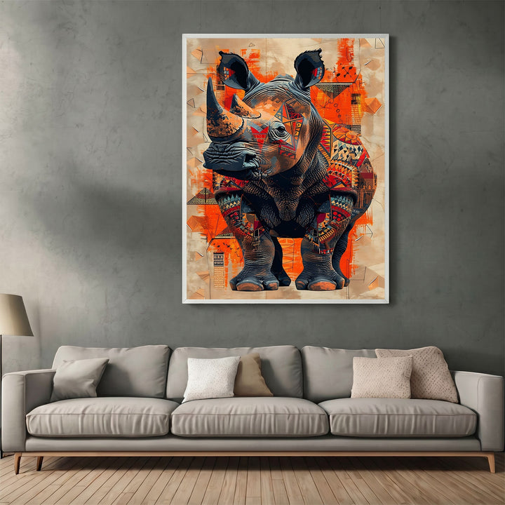 Wadi Home abstract geometric rhino wall art print with vibrant orange and earth tones hanging above a modern sofa.