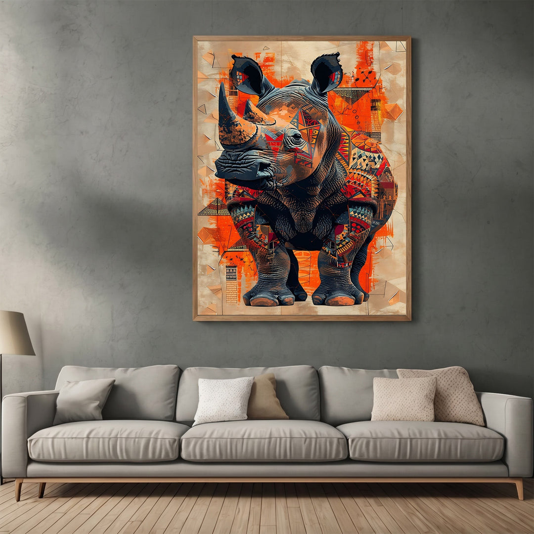 Wadi Home abstract geometric rhino wall art print in orange and earth tones hanging above a modern grey sofa.