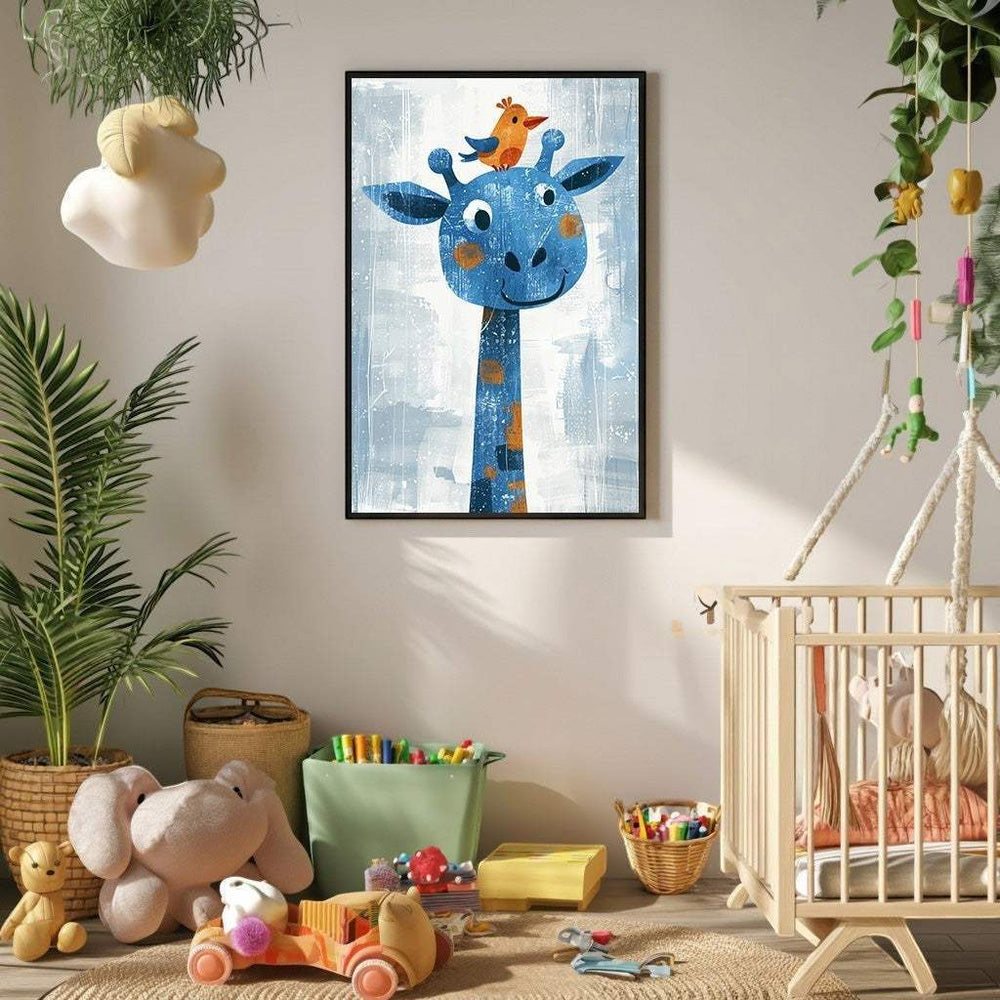 Wadi Home framed nursery art featuring a blue giraffe with an orange bird on its head, against a textured blue and gray abstract background.
