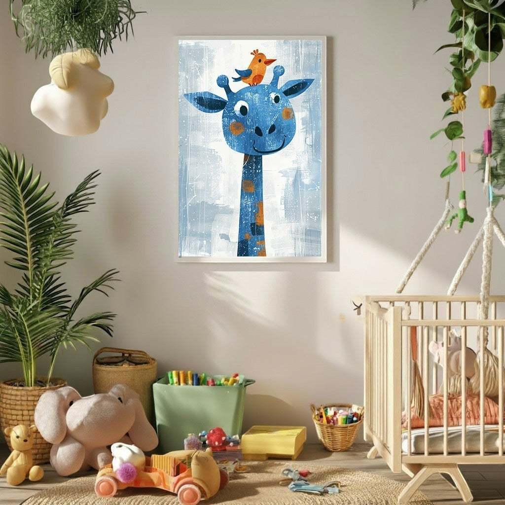 Wadi Home blue giraffe with orange bird art for nursery. Abstract textured background in soft blues and grays.