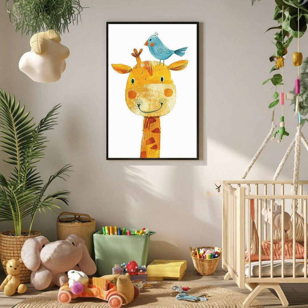 Wadi Home Whimsical giraffe with bluebird on head, nursery art. Textured yellow giraffe with orange spots and a red scarf, bluebird on its head. Playful, colourful, framed print for a child's room.