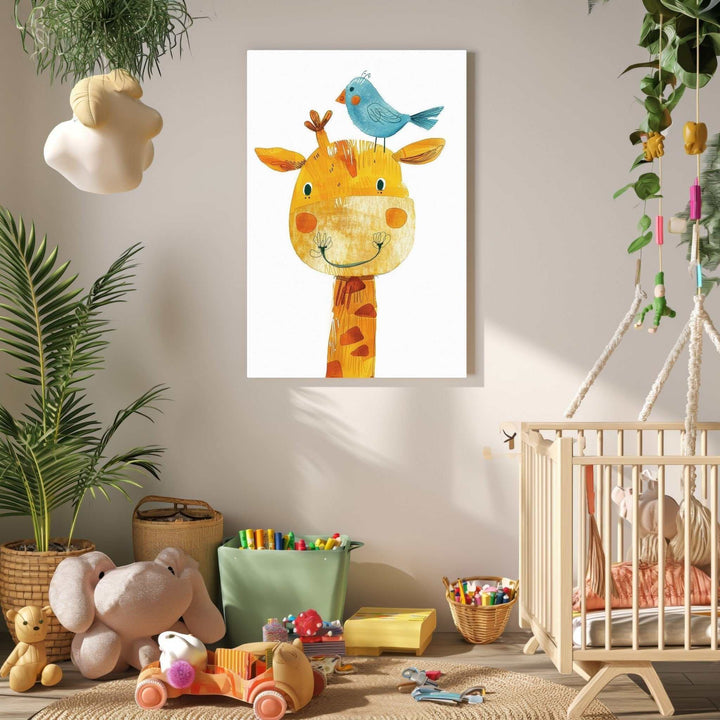 Wadi Home Whimsical giraffe with bluebird on head, textured, vibrant orange and yellow, nursery art.