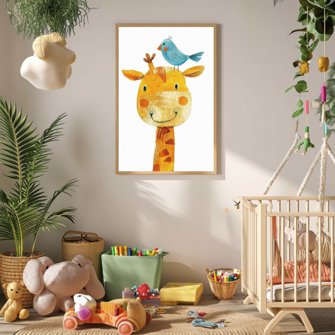 Wadi Home whimsical giraffe and bluebird nursery art print. Textured yellow giraffe with orange spots and a bluebird on its head.