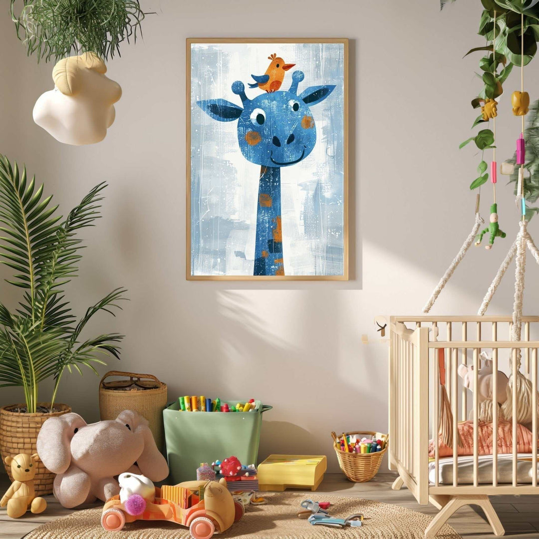 Wadi Home whimsical blue giraffe with orange bird nursery art print. Abstract textured background in soft blues and grays.