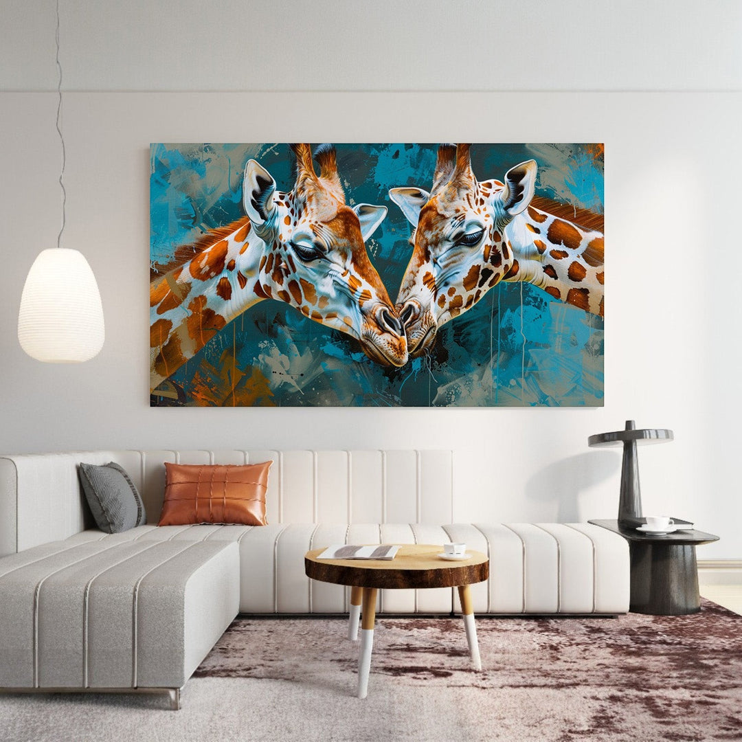 Wadi Home Giraffe Embrace canvas wall art featuring two giraffes with teal and rust textured background.