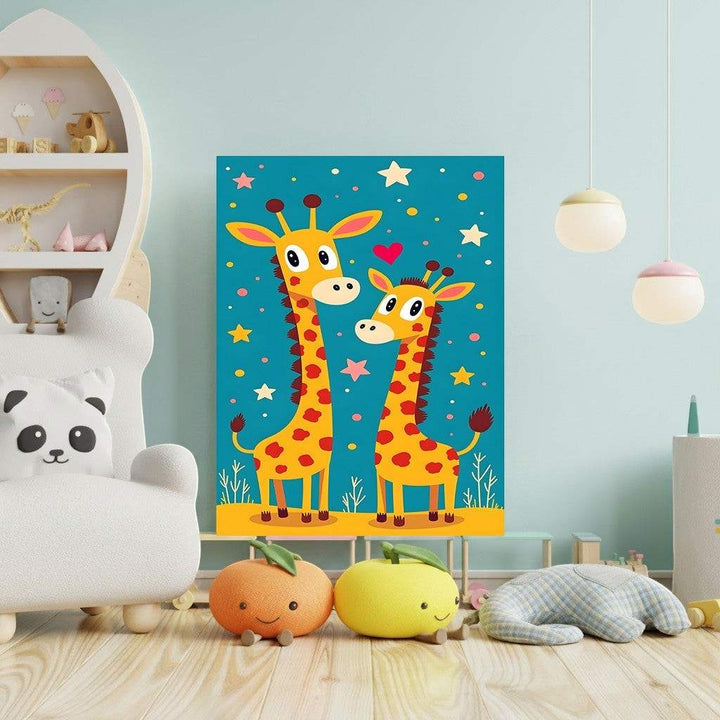 Wadi Home Cute Giraffe Family Wall Art, featuring two yellow giraffes with red spots on a teal background with stars and hearts.