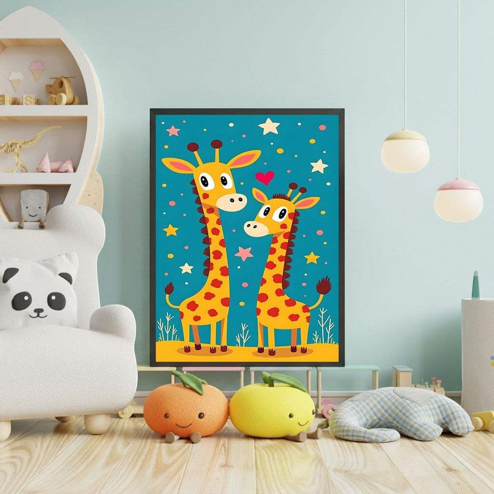 Wadi Home framed wall art featuring two cartoon giraffes on a teal background with stars and hearts, perfect for a child's room.