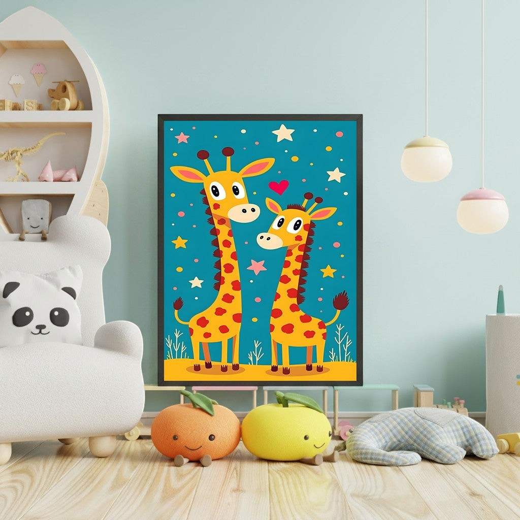 Wadi Home framed wall art featuring two cartoon giraffes on a teal background with stars and hearts, perfect for a child's room.