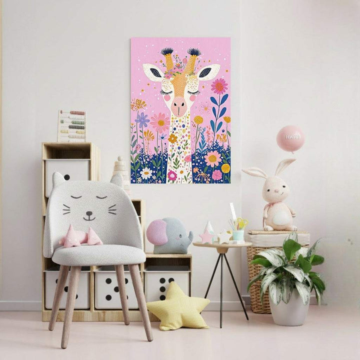 Wadi Home whimsical giraffe with floral crown on pink background, nursery art.