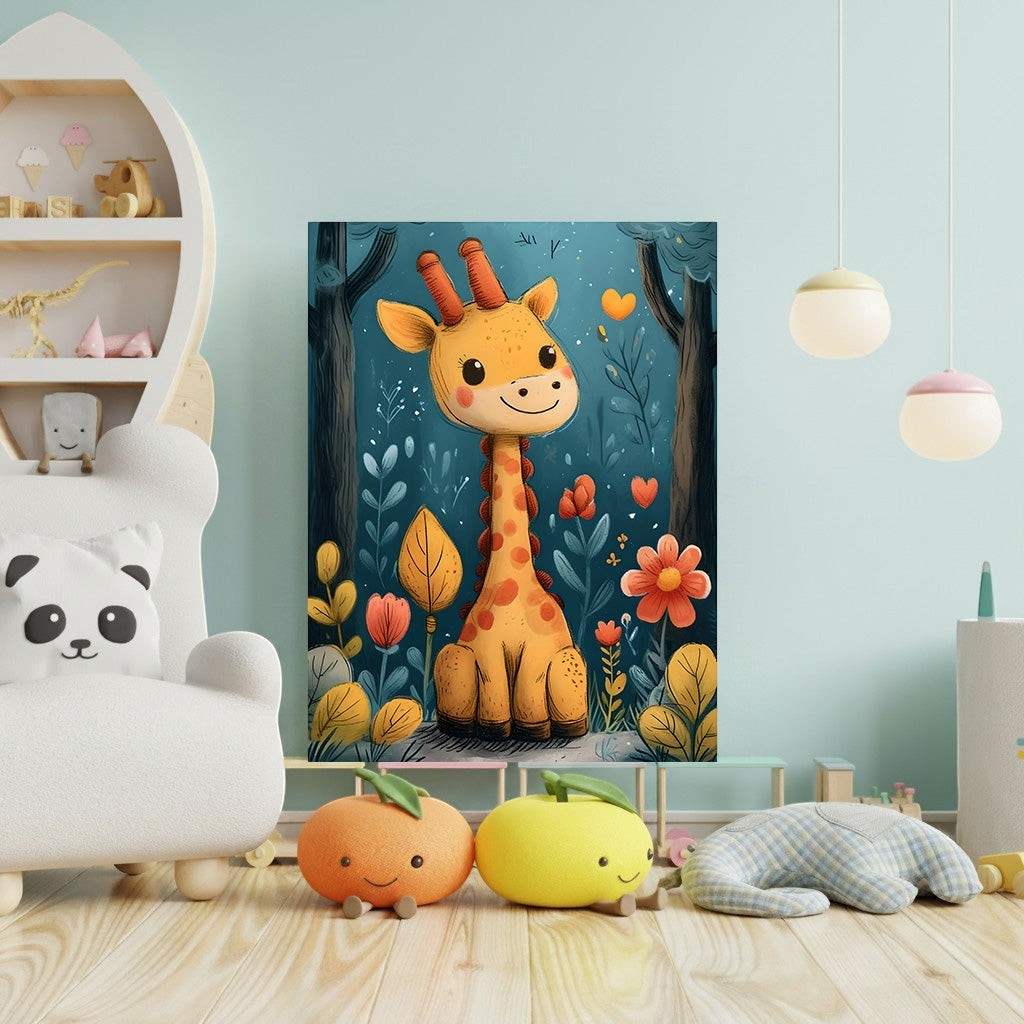 Wadi Home framed or canvas wall art featuring a cute, cartoon-style giraffe sitting in a whimsical forest with colorful flowers and dark blue foliage.