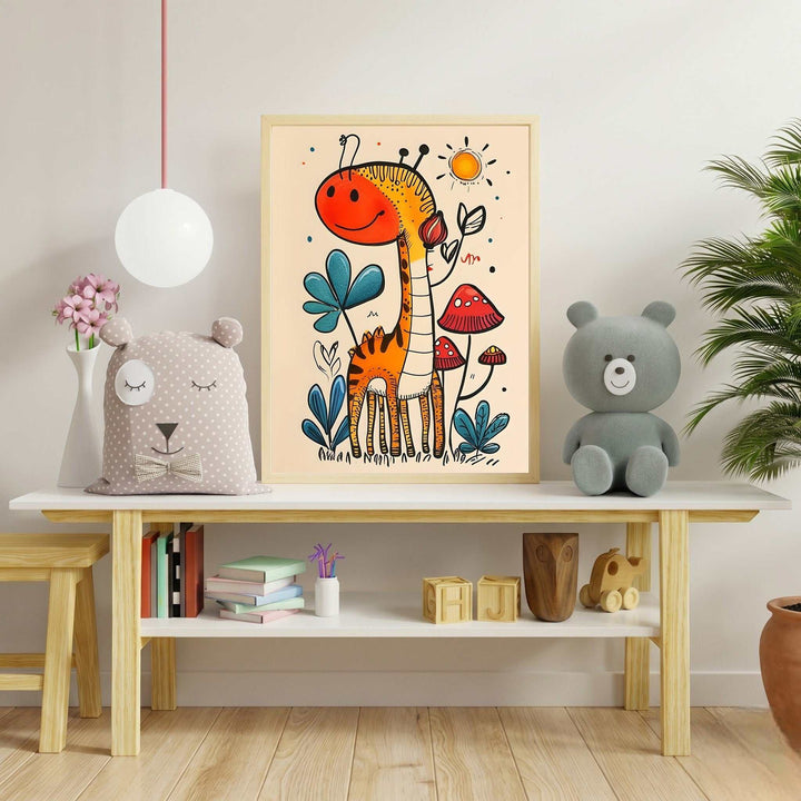 Wadi Home Whimsical Giraffe and Mushroom Art Print for kids room. Features a cartoon giraffe with orange and black stripes, surrounded by red mushrooms and blue leaves.