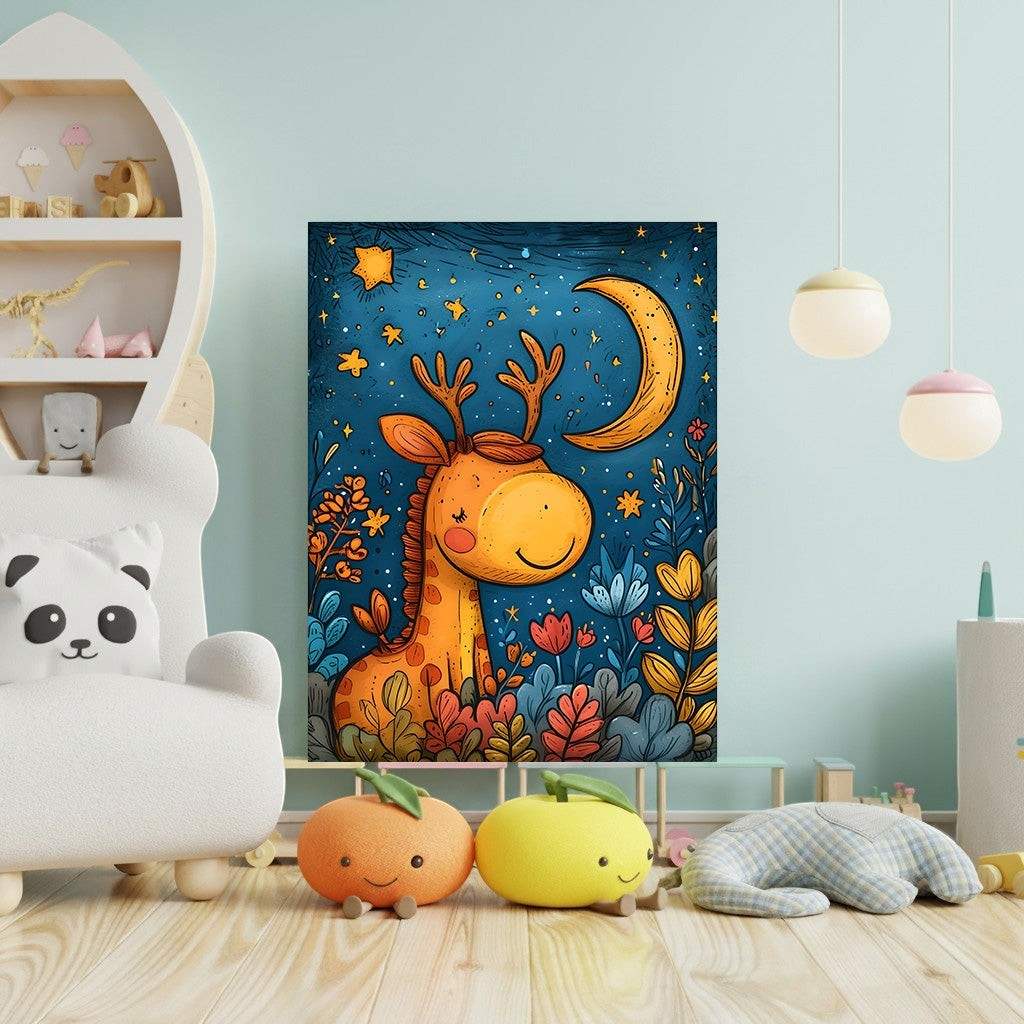 Wadi Home whimsical giraffe art for nursery, featuring a friendly giraffe under a crescent moon and starry night sky with colorful flowers.