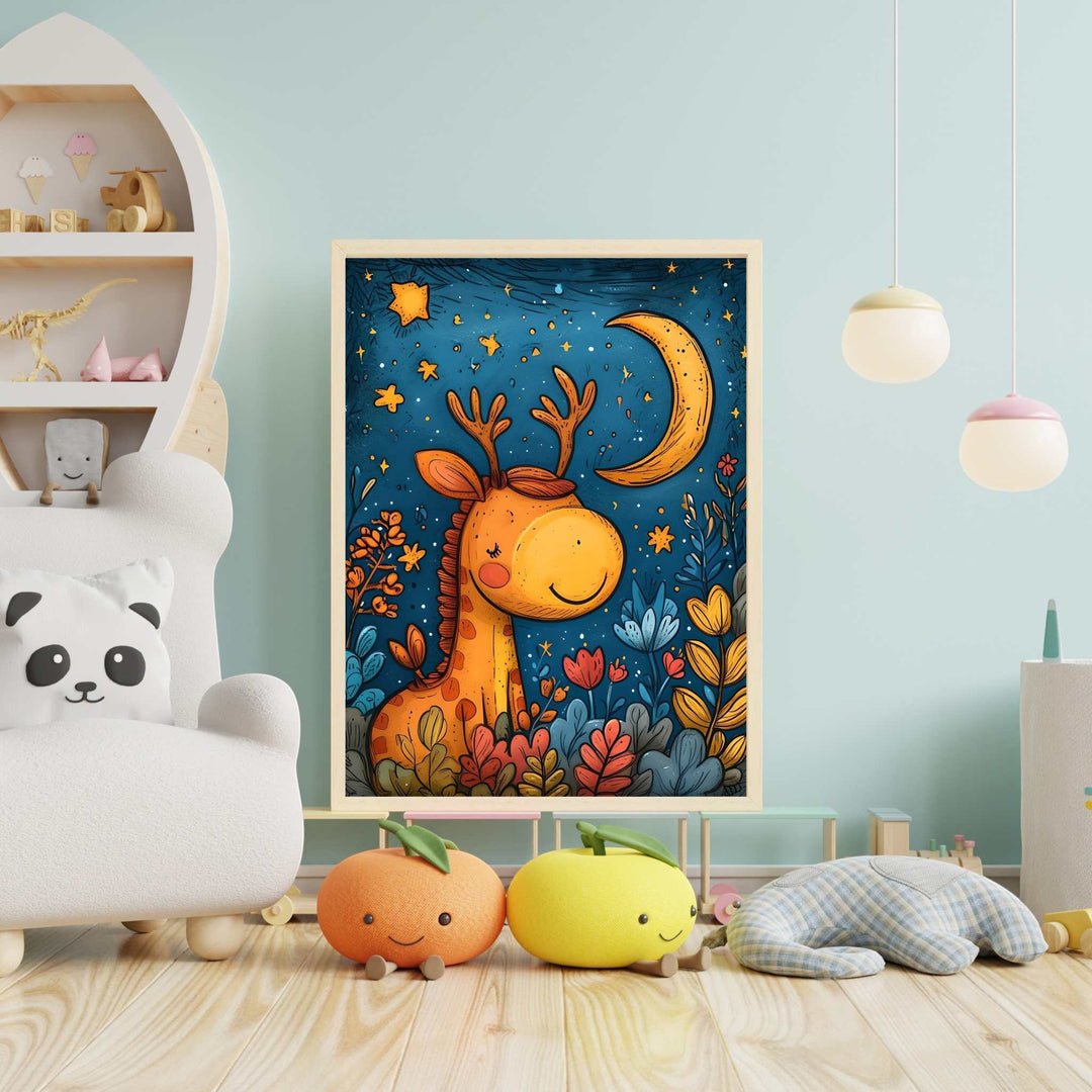Wadi Home whimsical giraffe art for nursery, featuring a friendly giraffe under a crescent moon and starry night sky with colorful flowers.