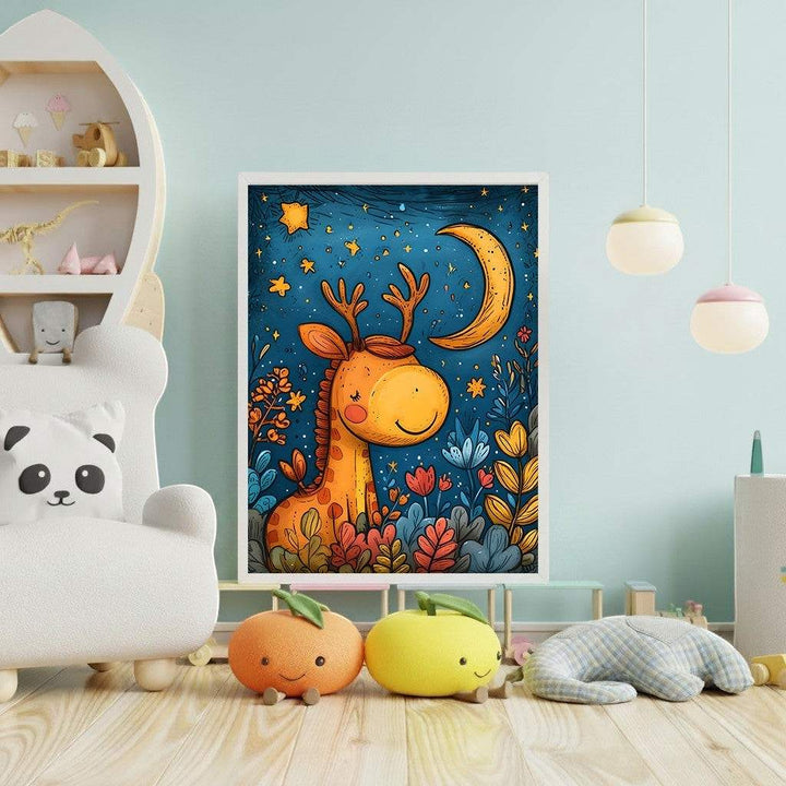 Wadi Home whimsical giraffe art for nursery, featuring a friendly orange giraffe under a crescent moon and starry night sky with colorful flowers.