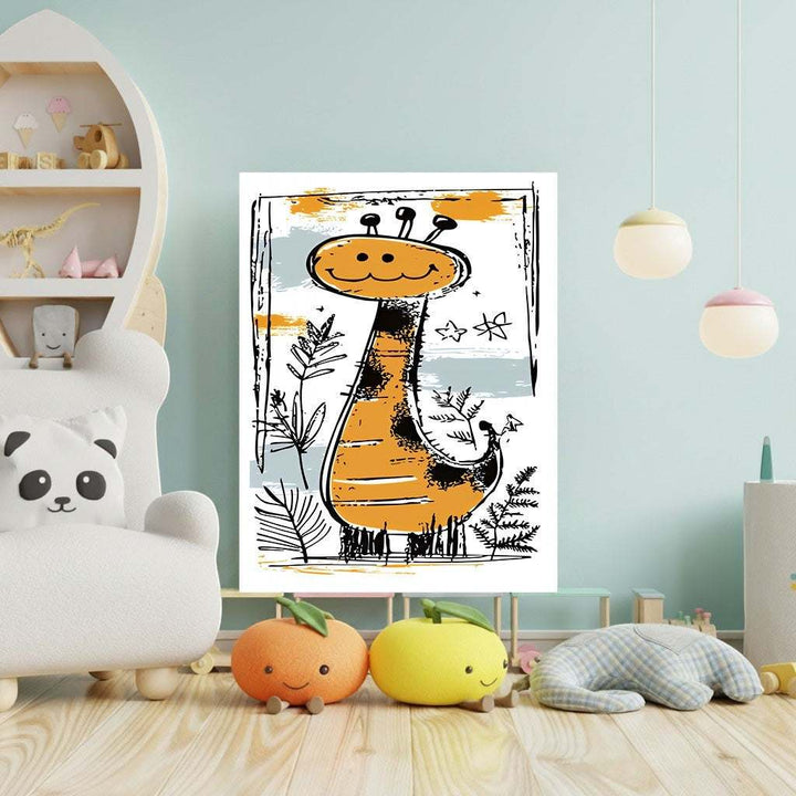 Wadi Home whimsical orange and black giraffe nursery art with hand-drawn style and textured background.