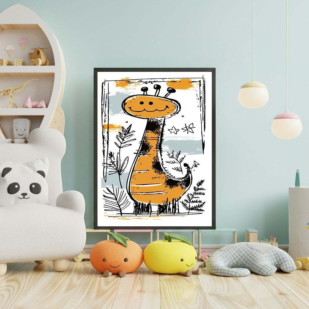 Wadi Home whimsical orange and black giraffe nursery art with textured background and blue accents. Framed or canvas options.