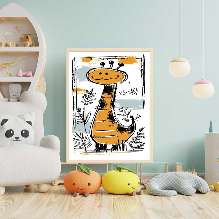 Wadi Home whimsical orange and black giraffe nursery art with a hand-drawn style on a textured background.