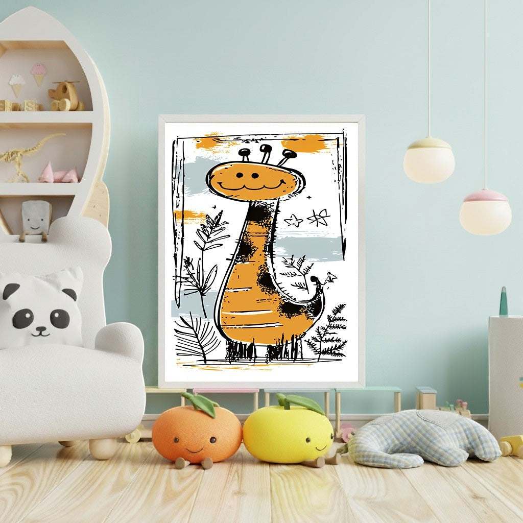 Wadi Home whimsical orange and black giraffe nursery art with a hand-drawn style on a textured background.
