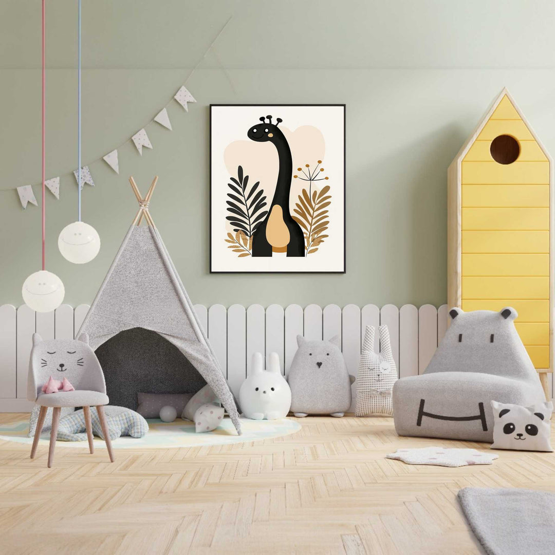 Wadi Home whimsical giraffe nursery art print in black, beige, and muted gold. Modern minimalist design with earthy tones.
